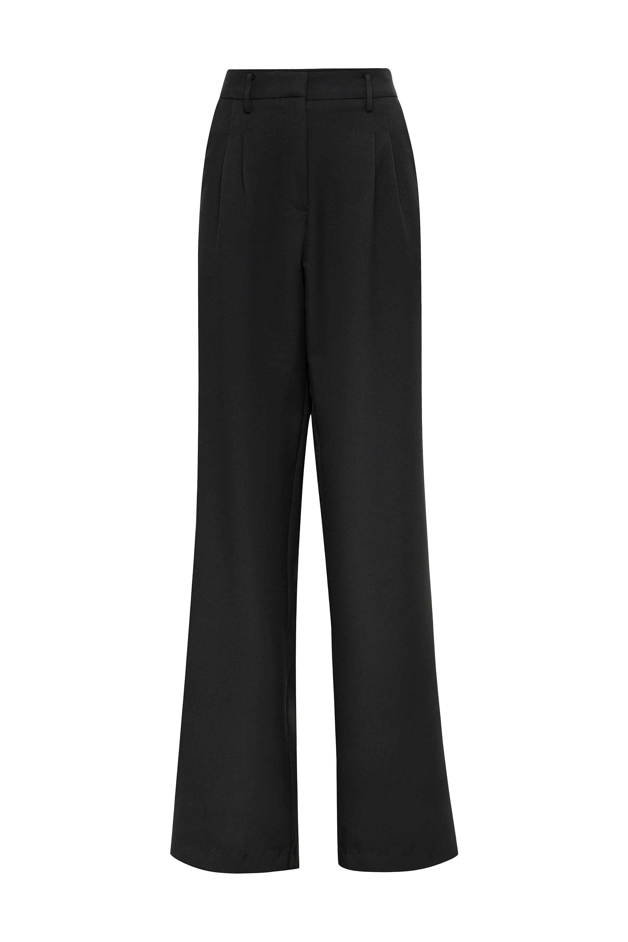 High-waisted black pants with a pleat front detail and slant hip pockets.