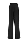 High-waisted black pants with a pleat front detail and slant hip pockets.