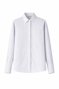 White dress shirt with subtle blue stripes on a white background