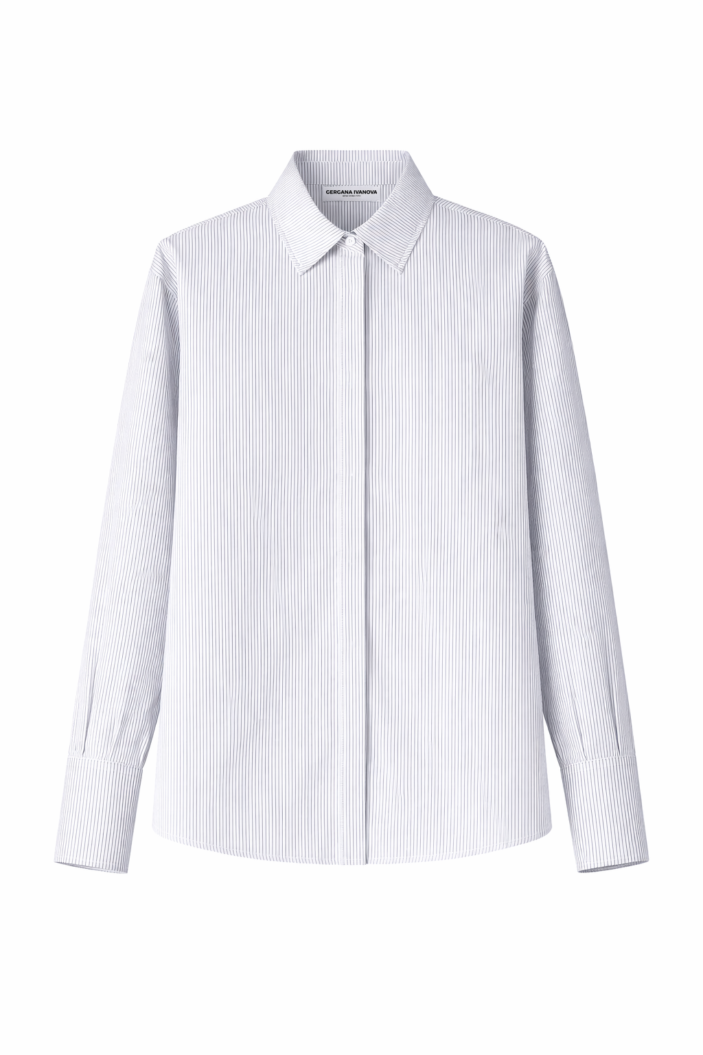 White dress shirt with subtle blue stripes on a white background