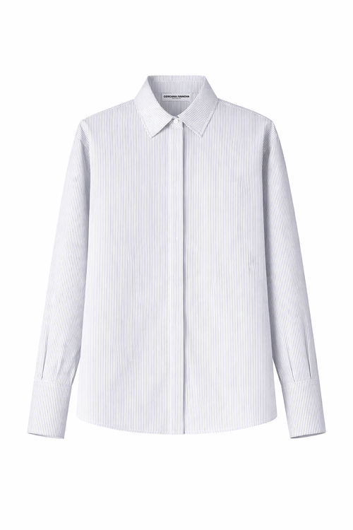 White dress shirt with subtle blue stripes on a white background