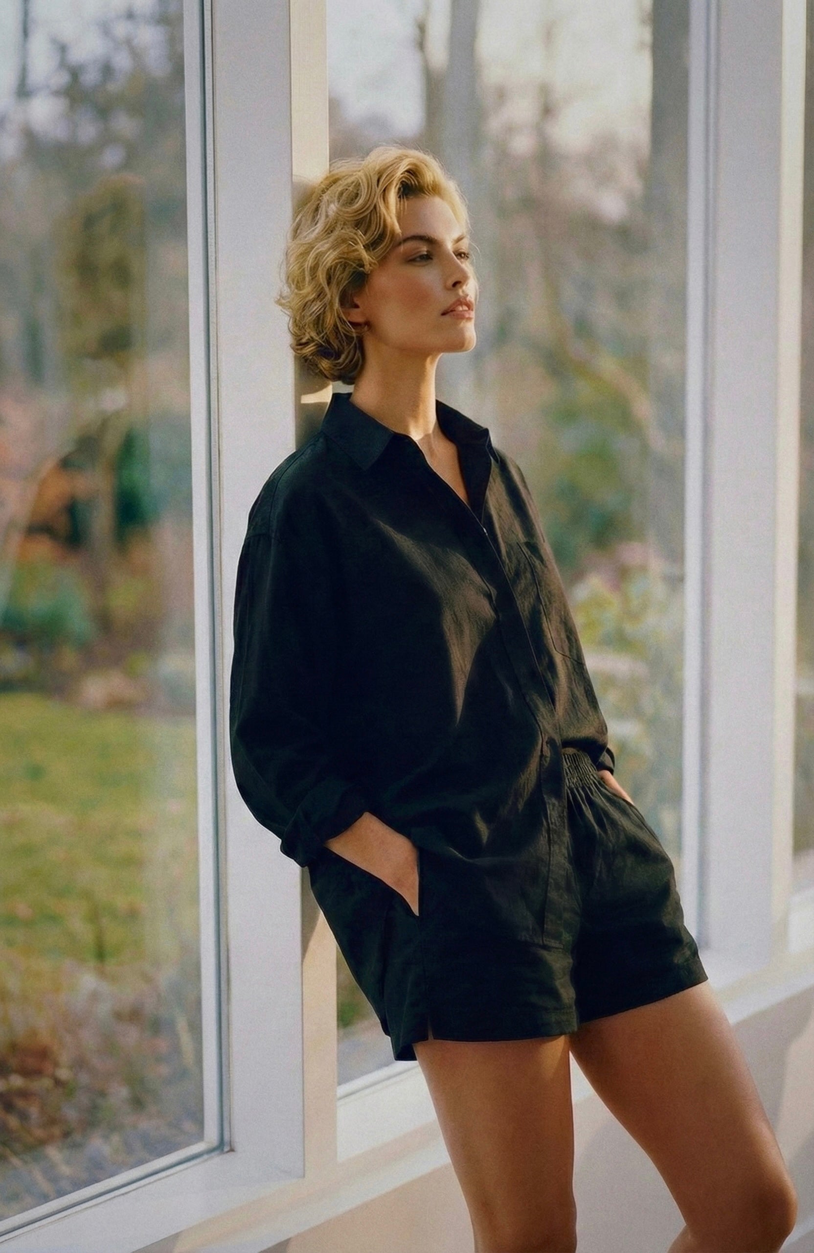 Woman in black outfit standing by a large window with a garden view