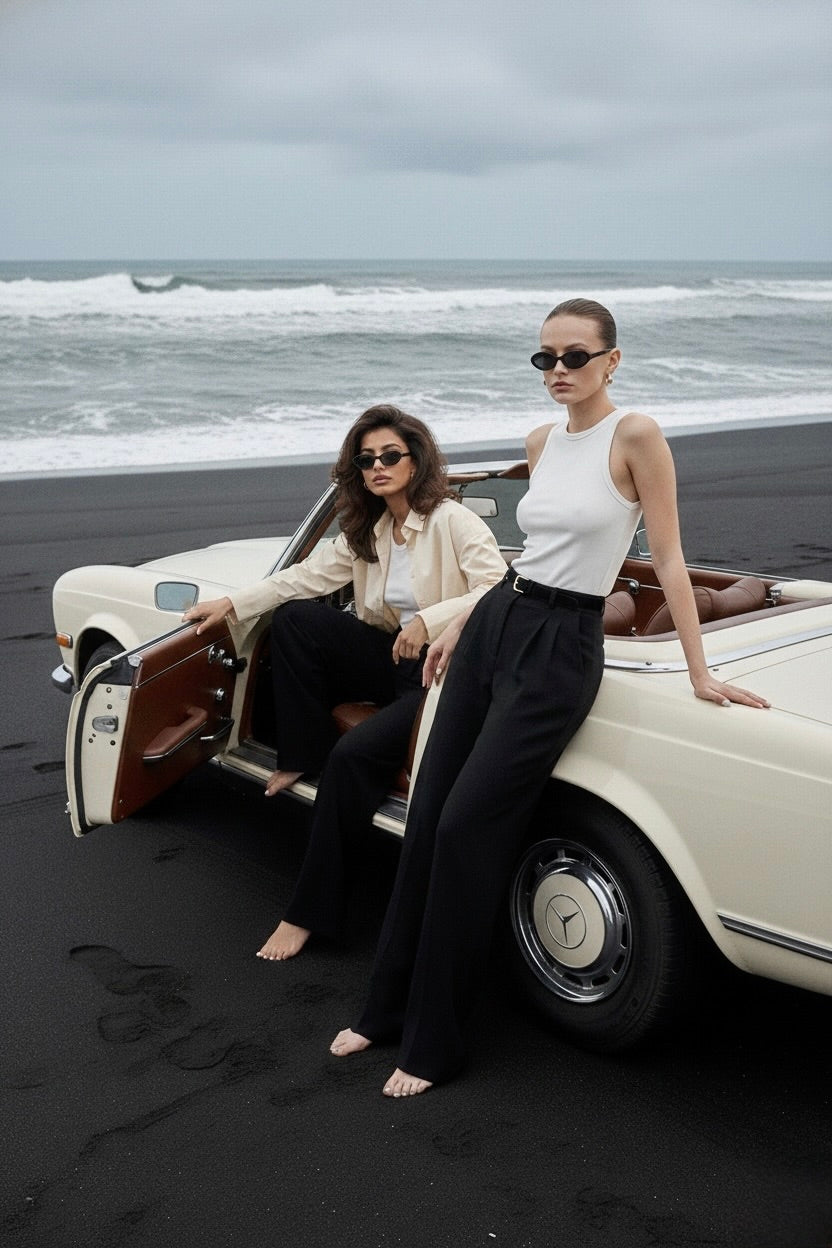 Two women sitting in a vintage convertible car on a black sand beach with ocean in the background.