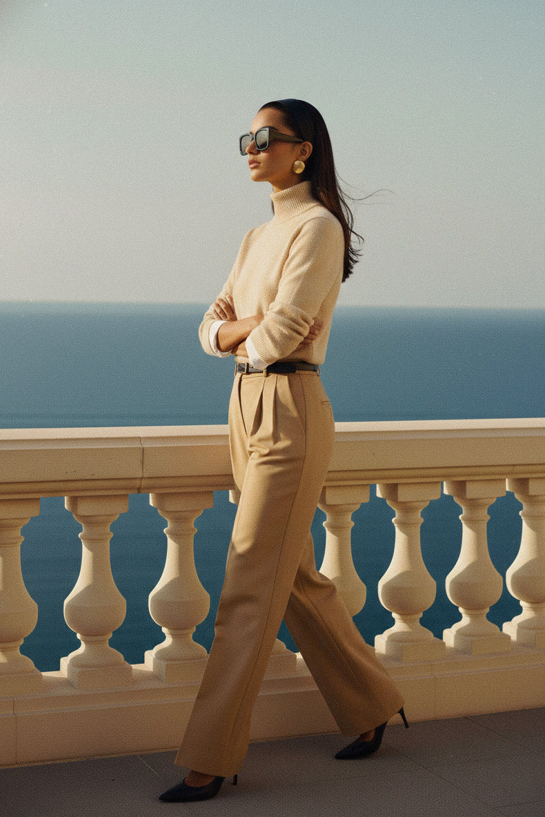 Woman in beige outfit standing on a balcony with ocean view