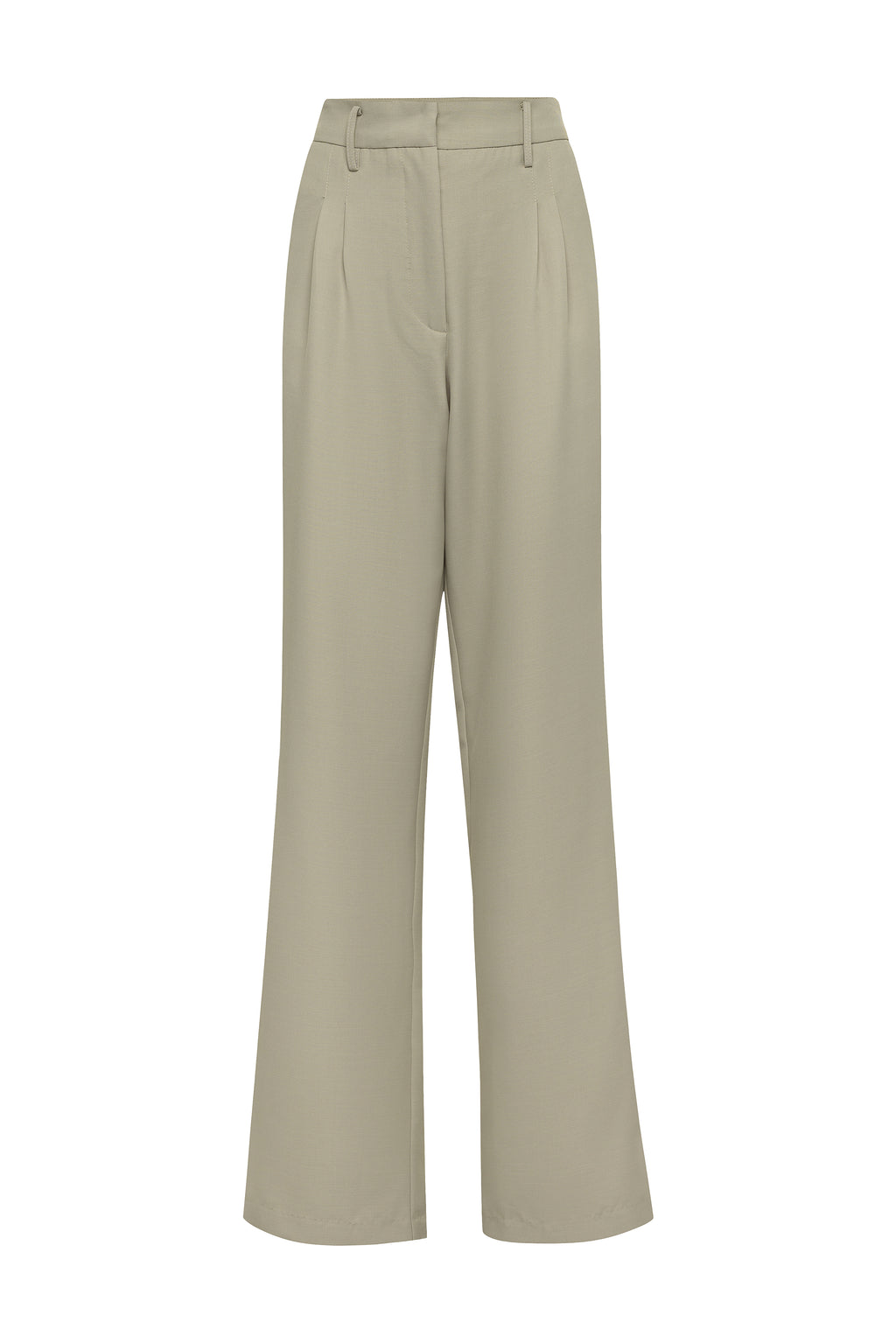 High-waisted beige pants with pleated detail and slant hip pockets