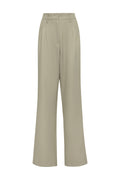 High-waisted beige pants with pleated detail and slant hip pockets