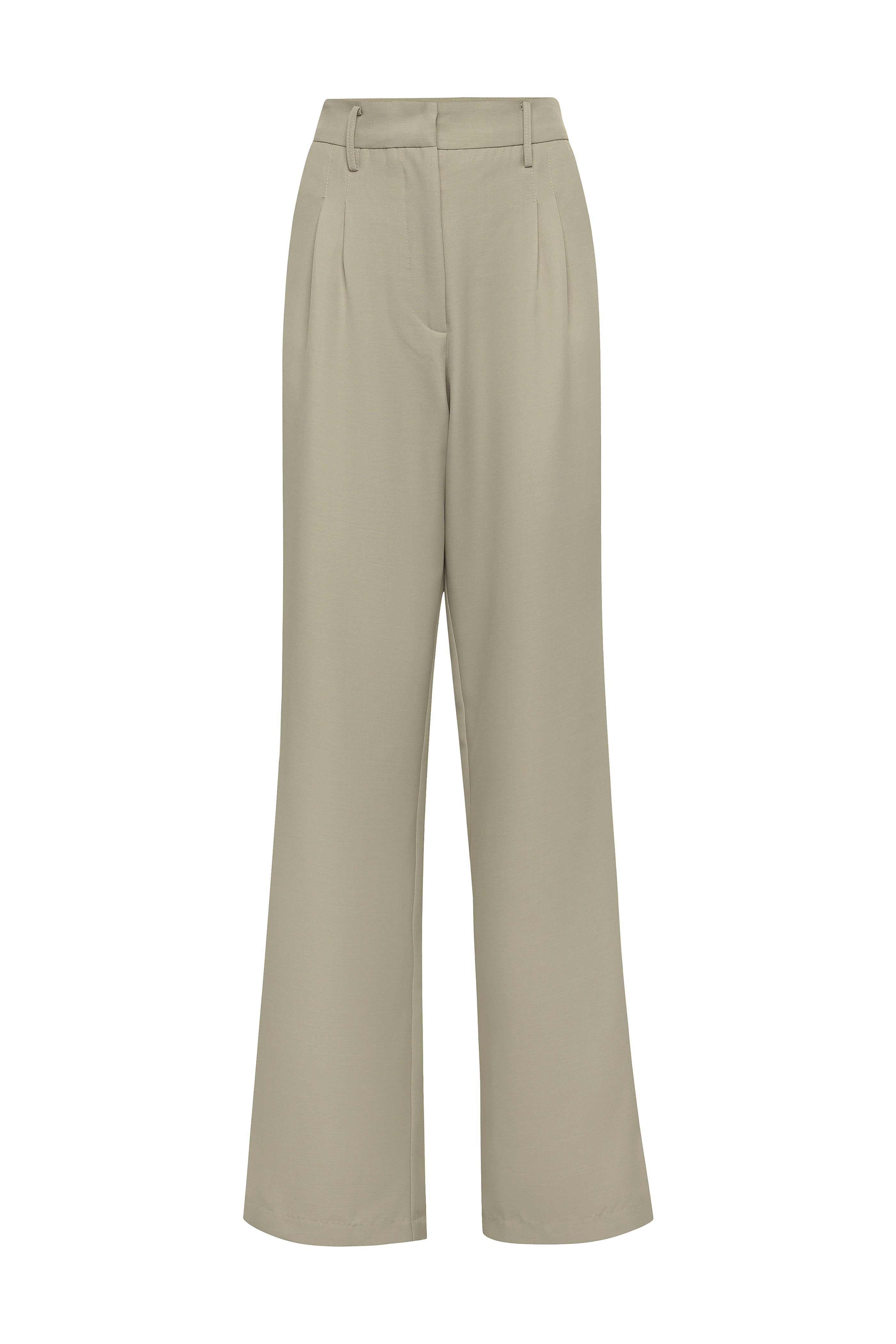 High-waisted beige pants with pleated detail and slant hip pockets