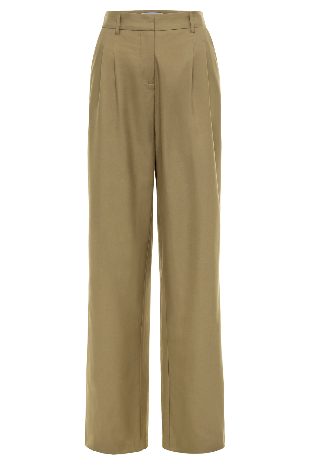 High-waisted beige wool pants with pleat front detail and slant hip pockets.