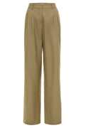 High-waisted beige wool pants with pleat front detail and slant hip pockets.