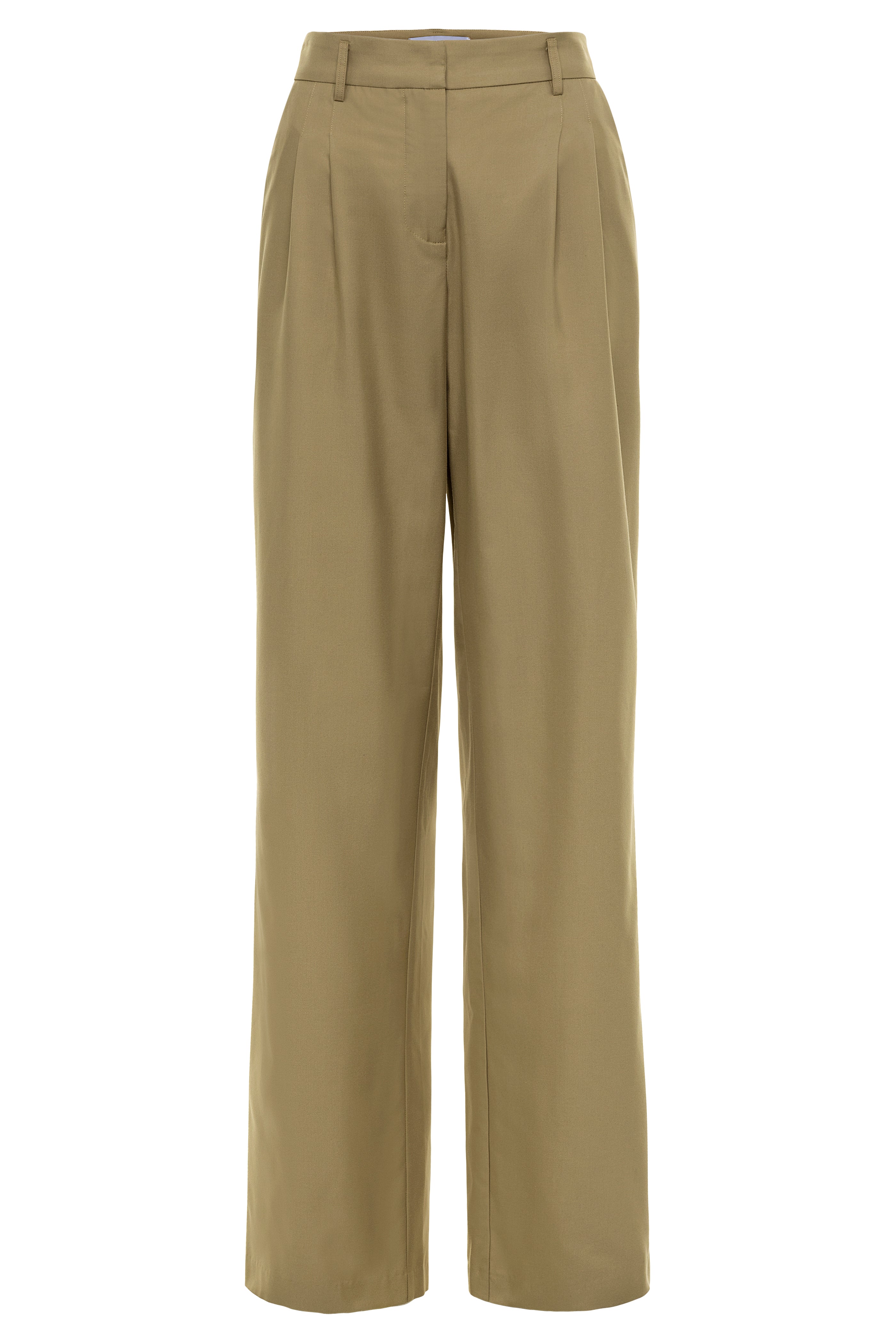 High-waisted beige wool pants with pleat front detail and slant hip pockets.