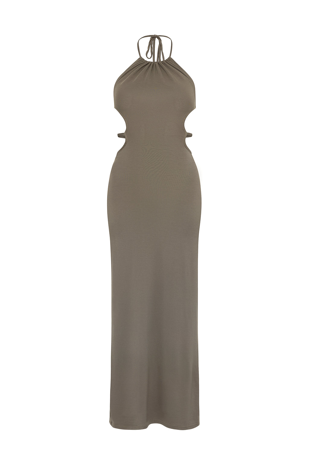 A beige, sleeveless, halter neck, cutout back, and tie-dress with a halter neckline.