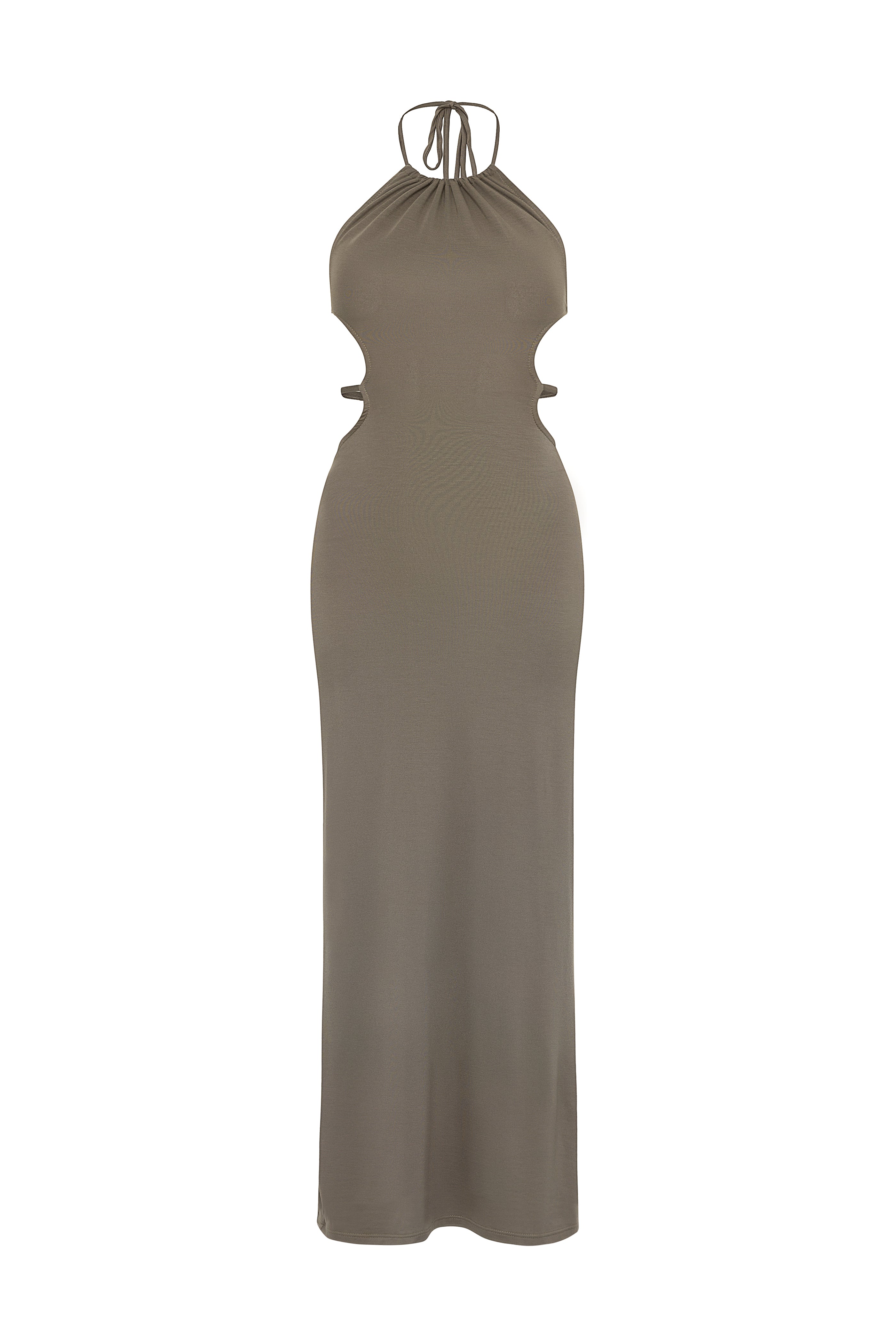 A beige, sleeveless, halter neck, cutout back, and tie-dress with a halter neckline.